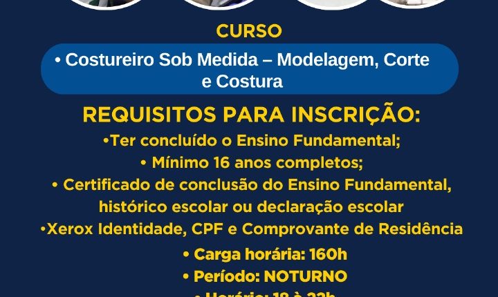 Inscrições Abertas: Parceria entre Pacto Pela Paz e Senai iniciarão mais uma turma do Curso Gratuito de Costureiro Sob Medida: Modelagem, Corte e Costura