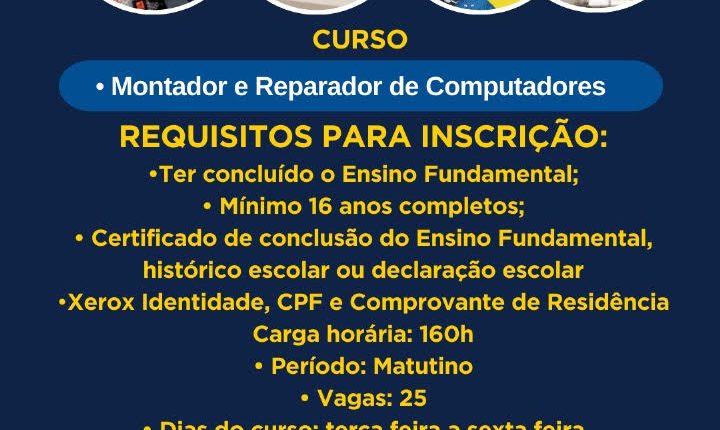 A Secretaria de Segurança Pública por meio do Pacto Pela Paz em parceria com o SENAI iniciará de forma gratuita  Curso Montador e Reparador de Computadores
