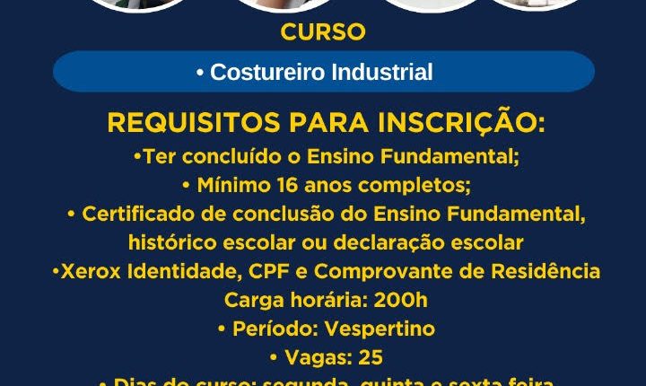 A Secretaria de Segurança Pública por meio do Pacto Pela Paz em parceria com o SENAI iniciará de forma gratuita Curso Costureiro Industrial