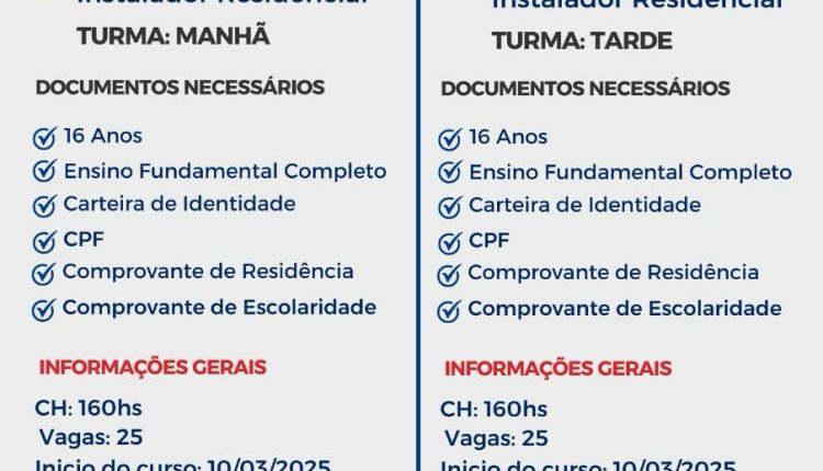 PACTO PELA PAZ E SENAI INICIAM CURSO DE ELETRICISTA INSTALADOR RESIDENCIAL NO DIA 10 DE MARÇO