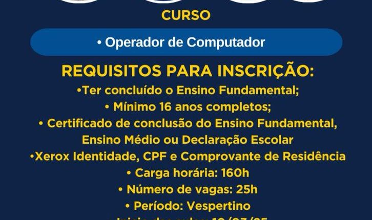 PACTO PELA PAZ E SENAI ABREM INSCRIÇÕES PARA O CURSO GRATUITO DE OPERADOR DE COMPUTADOR