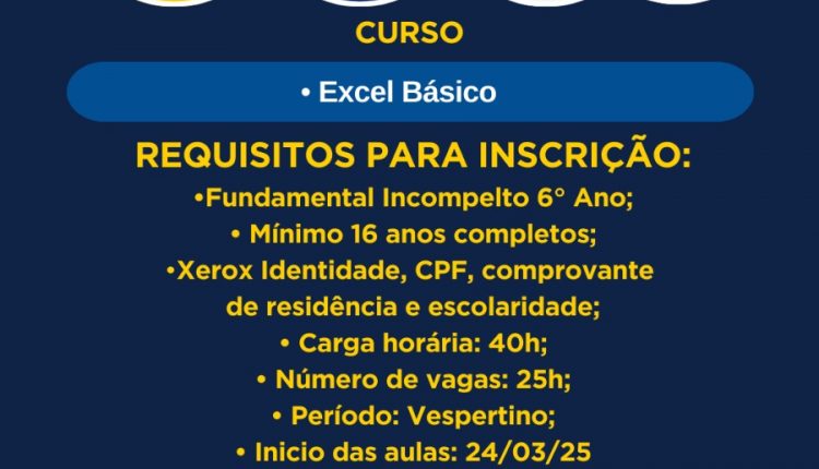 PACTO PELA PAZ E SENAI ABREM INSCRIÇÕES PARA CURSO GRATUITO DE EXCEL BÁSICO